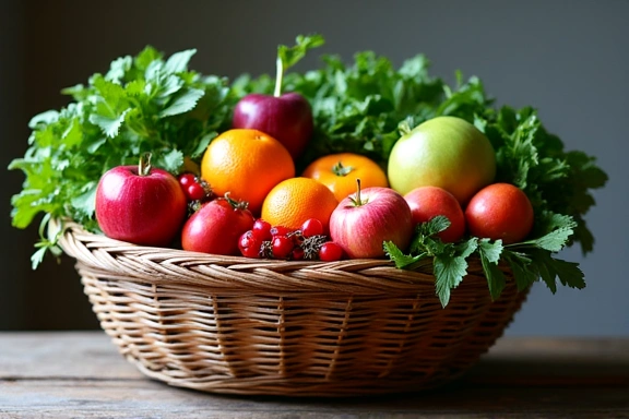 Színes zöldségek és gyümölcsök kosárban