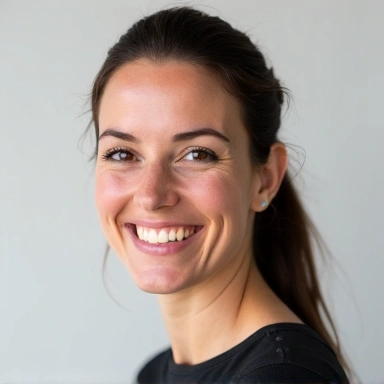 A mosolygó, barátságos és hozzáértő dietetikus szakember professzionális portréja, letisztult háttérrel.